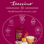 Instant Vanilla Nut herbal latte pouch with cup, prebiotic benefits icons shown
