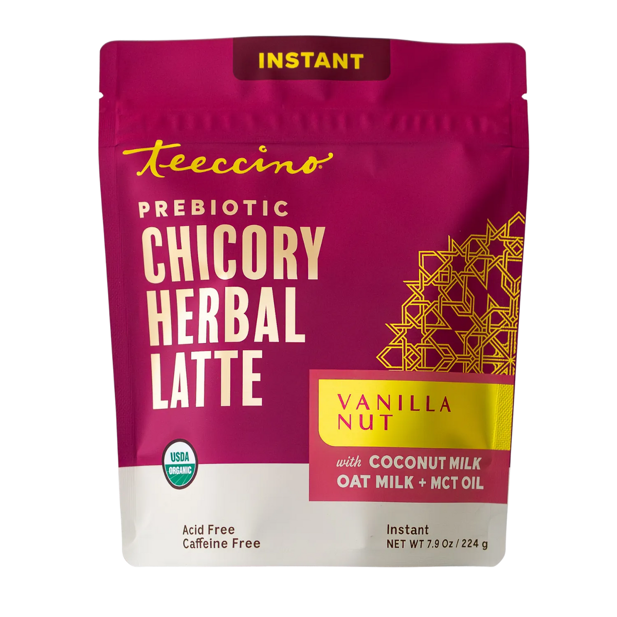 Instant herbal latte mix bag, Vanilla Nut flavor, prebiotic chicory, instant