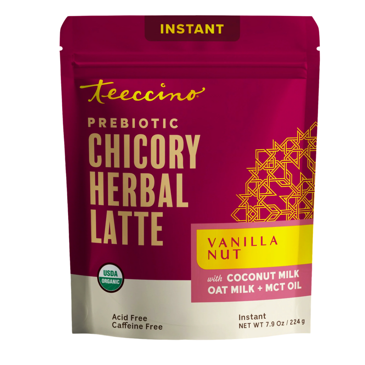 Instant herbal latte mix bag, Vanilla Nut flavor, prebiotic chicory, instant