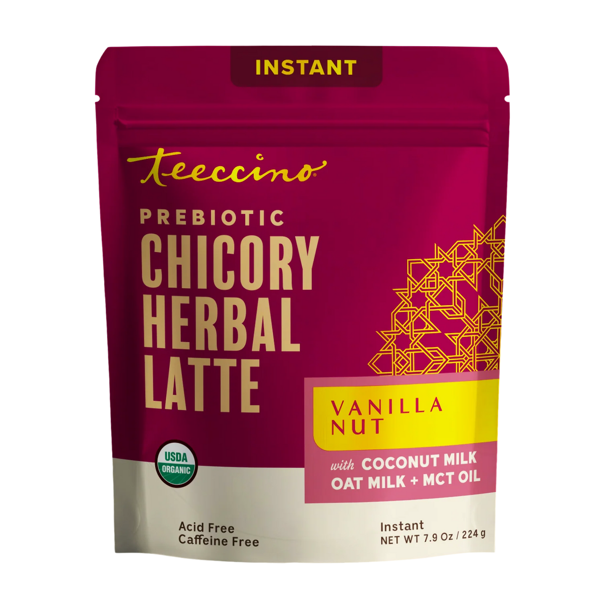 Instant herbal latte mix bag, Vanilla Nut flavor, prebiotic chicory, instant