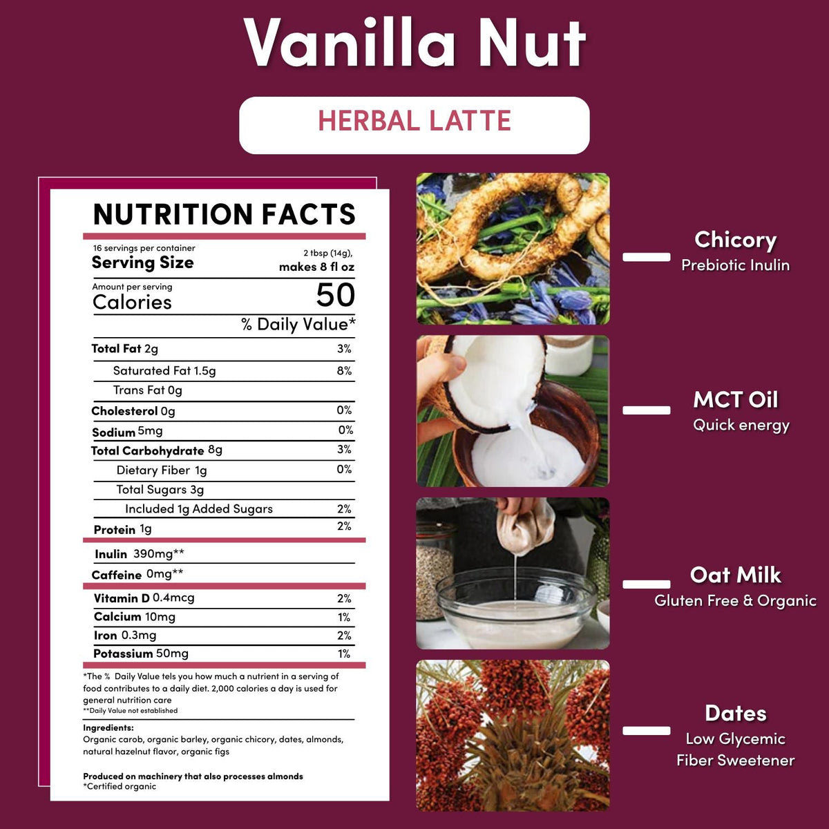 Vanilla Nut herbal latte nutrition facts panel with prebiotic inulin and oat milk MCT oil