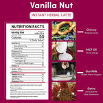 Instant Vanilla Nut herbal latte nutrition facts panel, serving size and ingredients listed