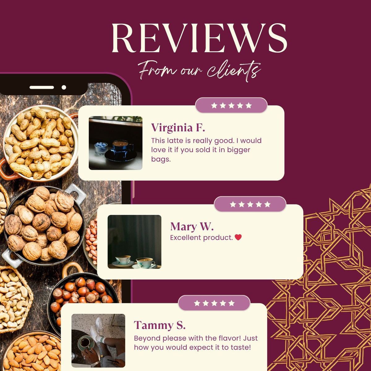 Instant herbal latte reviews graphic with star ratings and latte-cup photo details