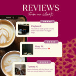 Instant herbal latte reviews graphic with star ratings and customer testimonial cards