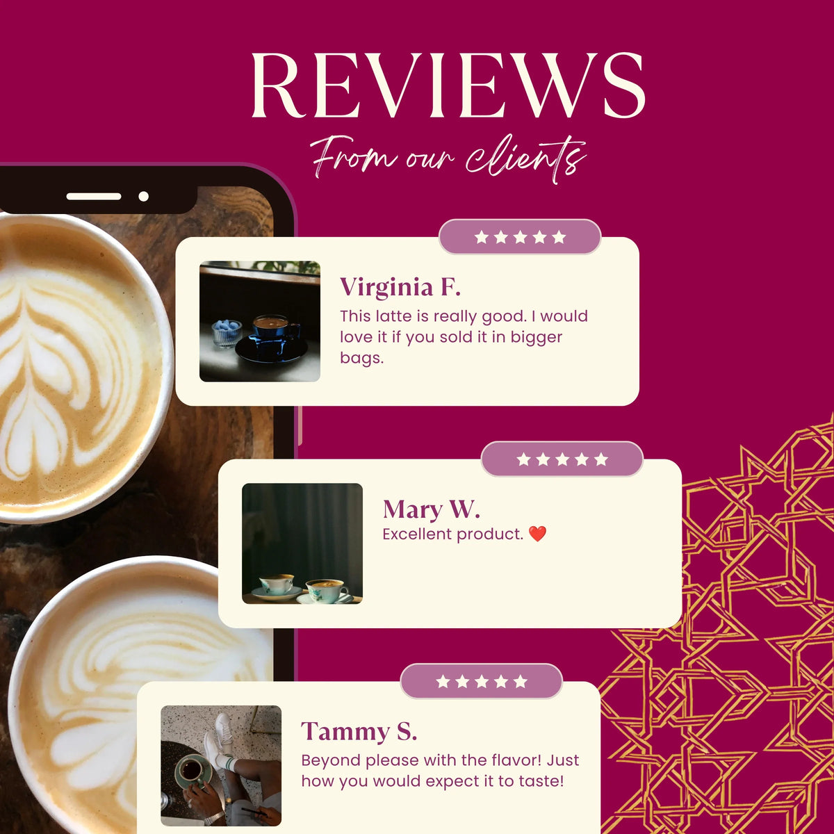 Instant herbal latte reviews graphic with star ratings and customer testimonial cards