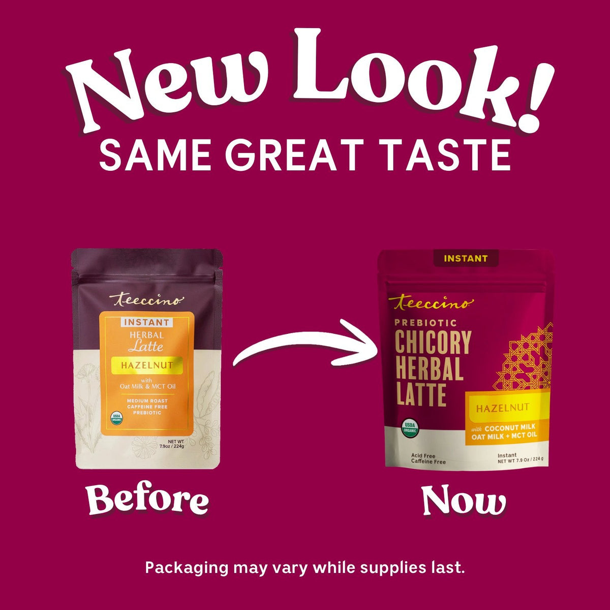Hazelnut herbal latte pouch packaging comparison, before and now versions