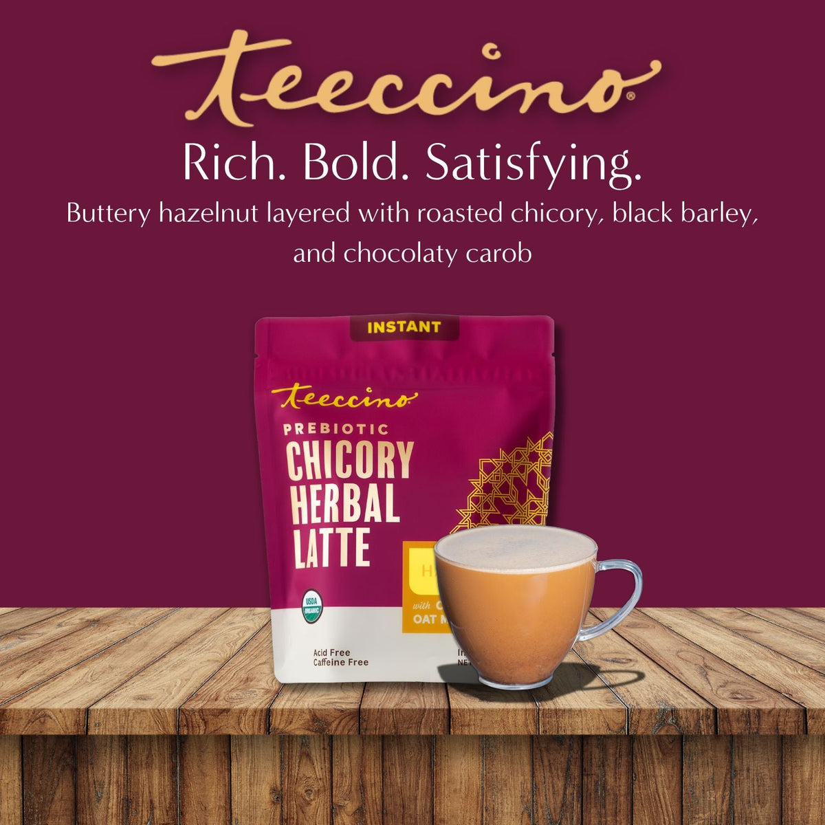 Chicory herbal latte mix pouch with hazelnut and a cup of creamy latte