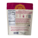 Back of hazelnut herbal latte pouch with nutrition facts and preparation directions