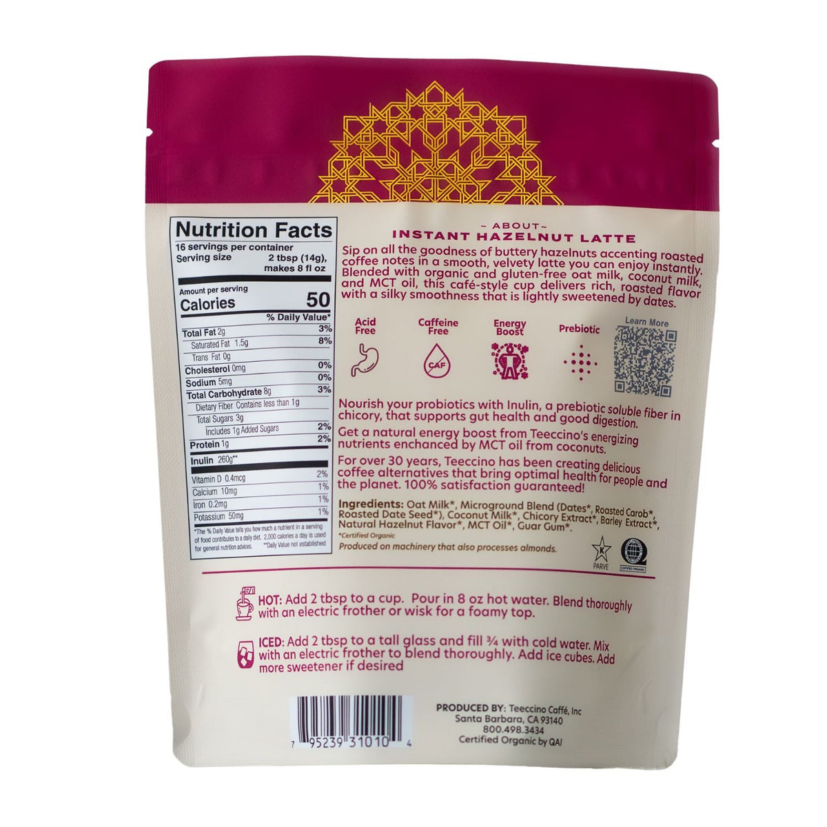 Back of hazelnut herbal latte pouch with nutrition facts and preparation directions