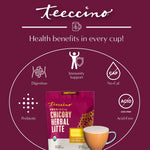Health benefits graphic for hazelnut herbal latte, showing cup and no-caf badge