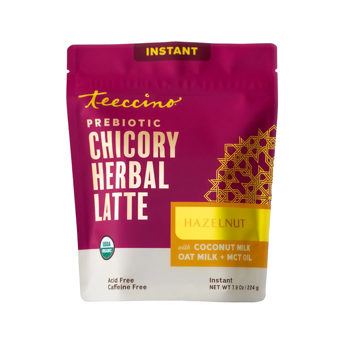 Instant prebiotic chicory herbal latte pouch, hazelnut, with coconut milk & oat milk