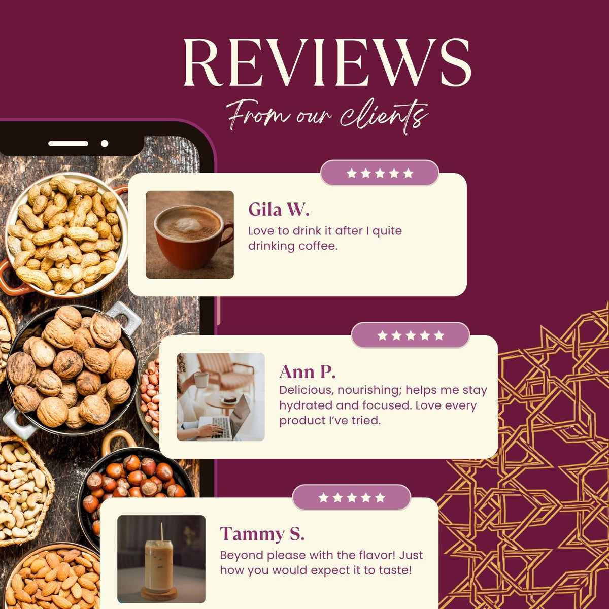 Chicory herbal latte mix pouch with reviews callouts and ingredient bowl graphics