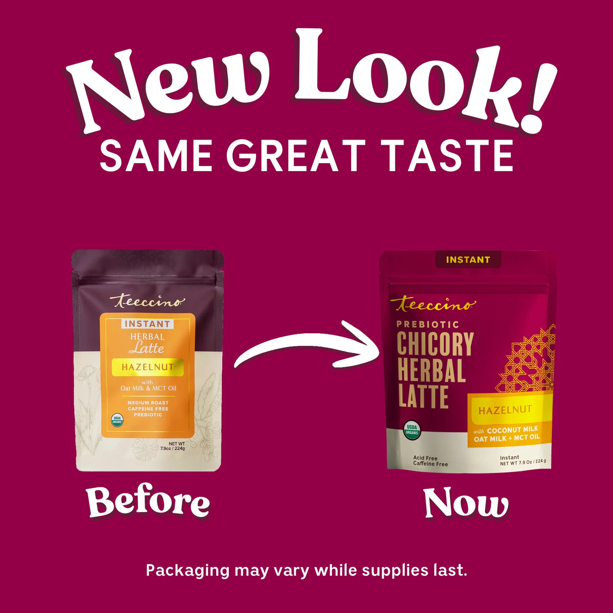 Teecino instant hazelnut herbal latte pouch set, before and now