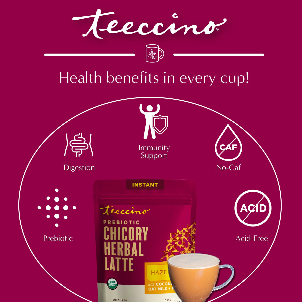 Teecino instant hazelnut herbal latte pouch with cup