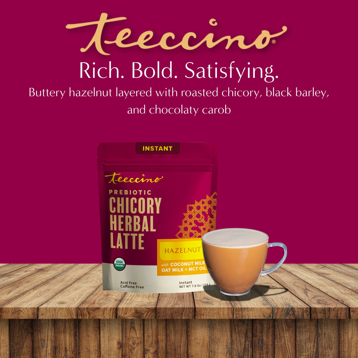 Teecino instant hazelnut herbal latte pouch with mug