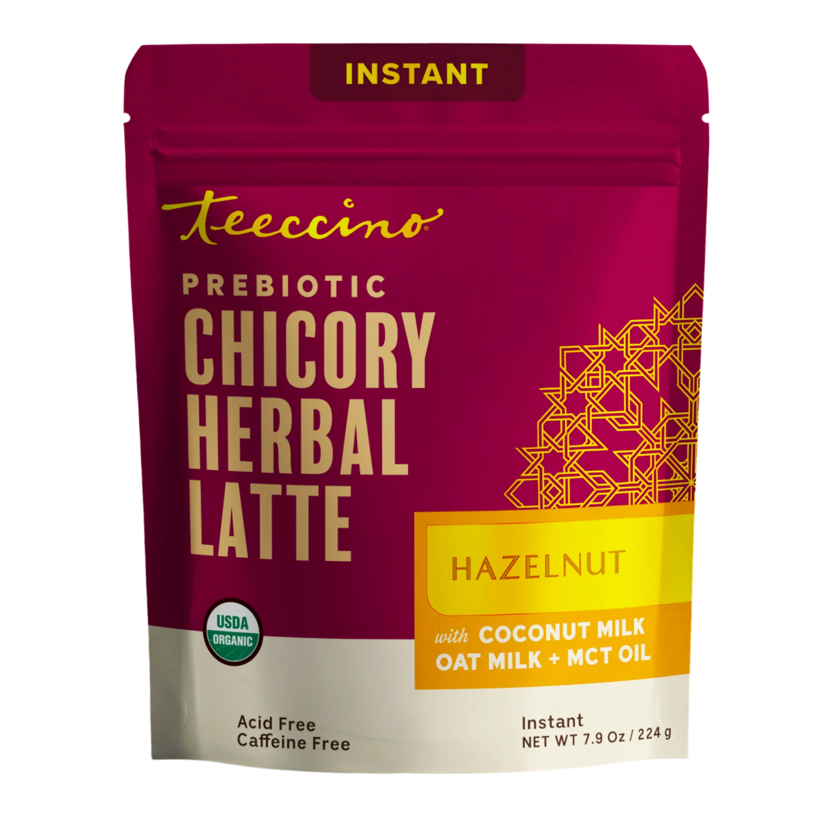 Instant chicory herbal latte mix pouch, hazelnut flavor, oat milk & MCT oil