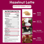 Hazelnut latte nutrition facts panel with barley, MCT oil, oat milk, and dates icons