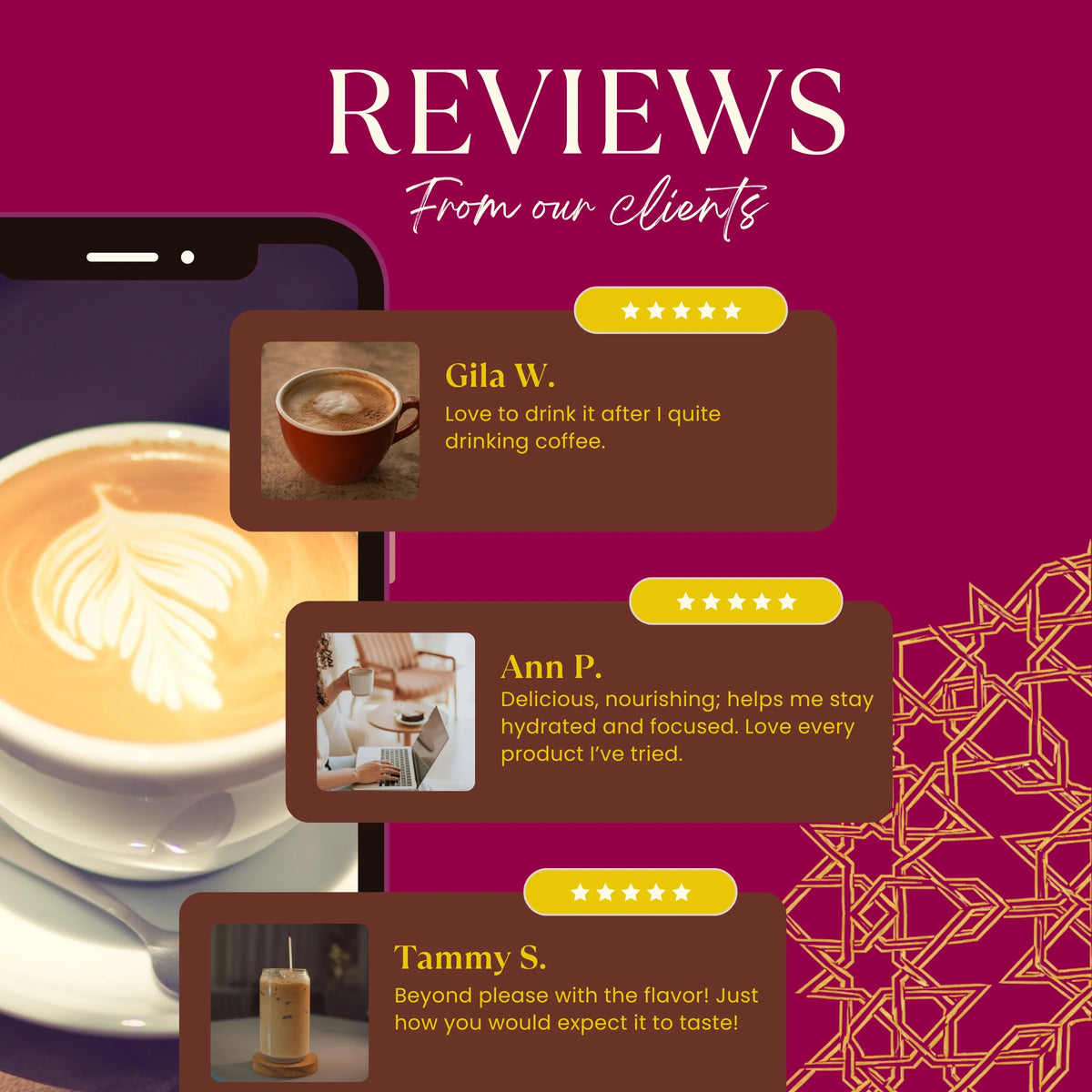 Chicory herbal latte mix pouch with customer review callouts and latte cup