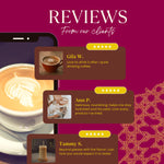 Chicory herbal latte mix pouch with customer review callouts and latte cup
