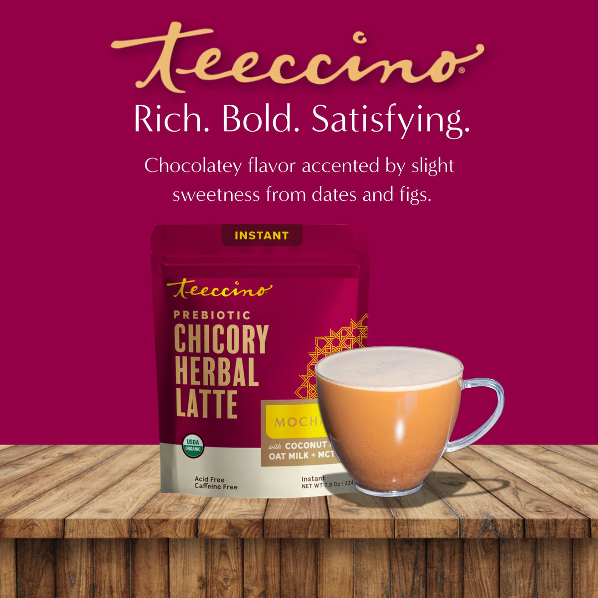 Teecino mocha herbal latte pouch with a mug of creamy drink