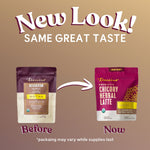 Before and now packaging comparison for instant herbal latte mocha with arrow