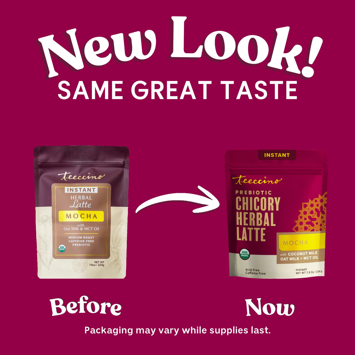 Updated instant herbal latte mocha pouch shown as before-and-now side-by-side