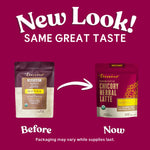 Updated instant herbal latte mocha pouch shown as before-and-now side-by-side