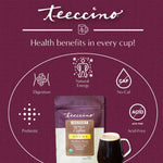 Teecino instant herbal latte health benefits graphic with prebiotic and no-caf icons