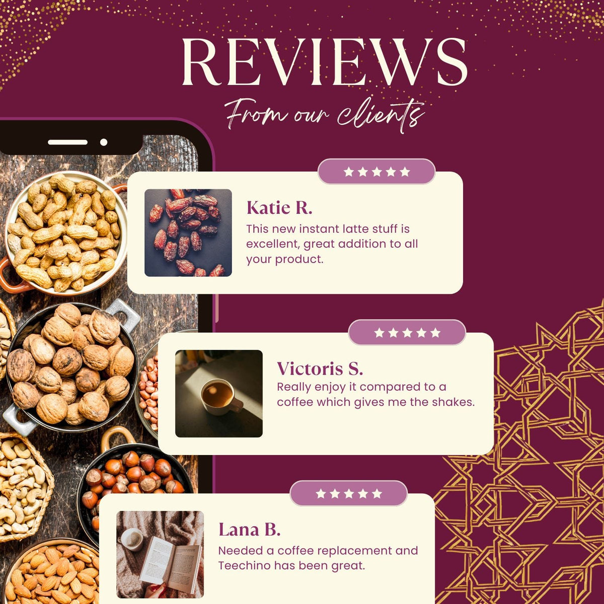 Teecino instant herbal latte reviews graphic with nut and bean icons