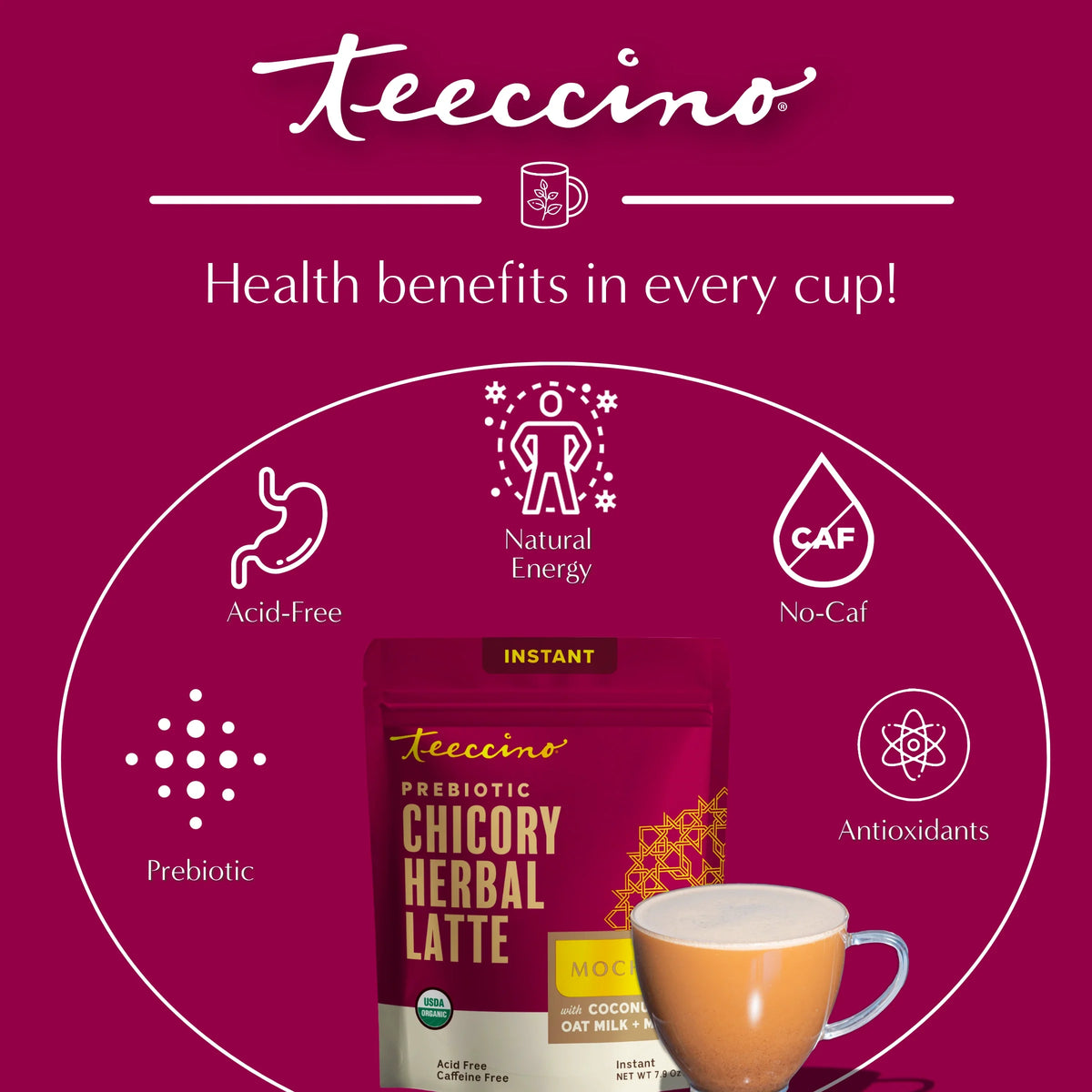 Instant herbal latte pouch with a small latte cup, TEECCINO logo