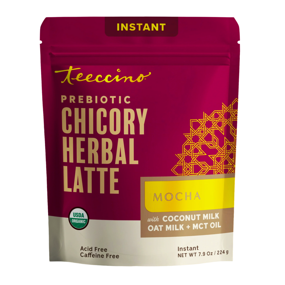 Teecino instant herbal latte mocha pouch, dark purple bag with gold label