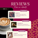 Teecino instant herbal latte reviews graphic with cup and testimonial cards