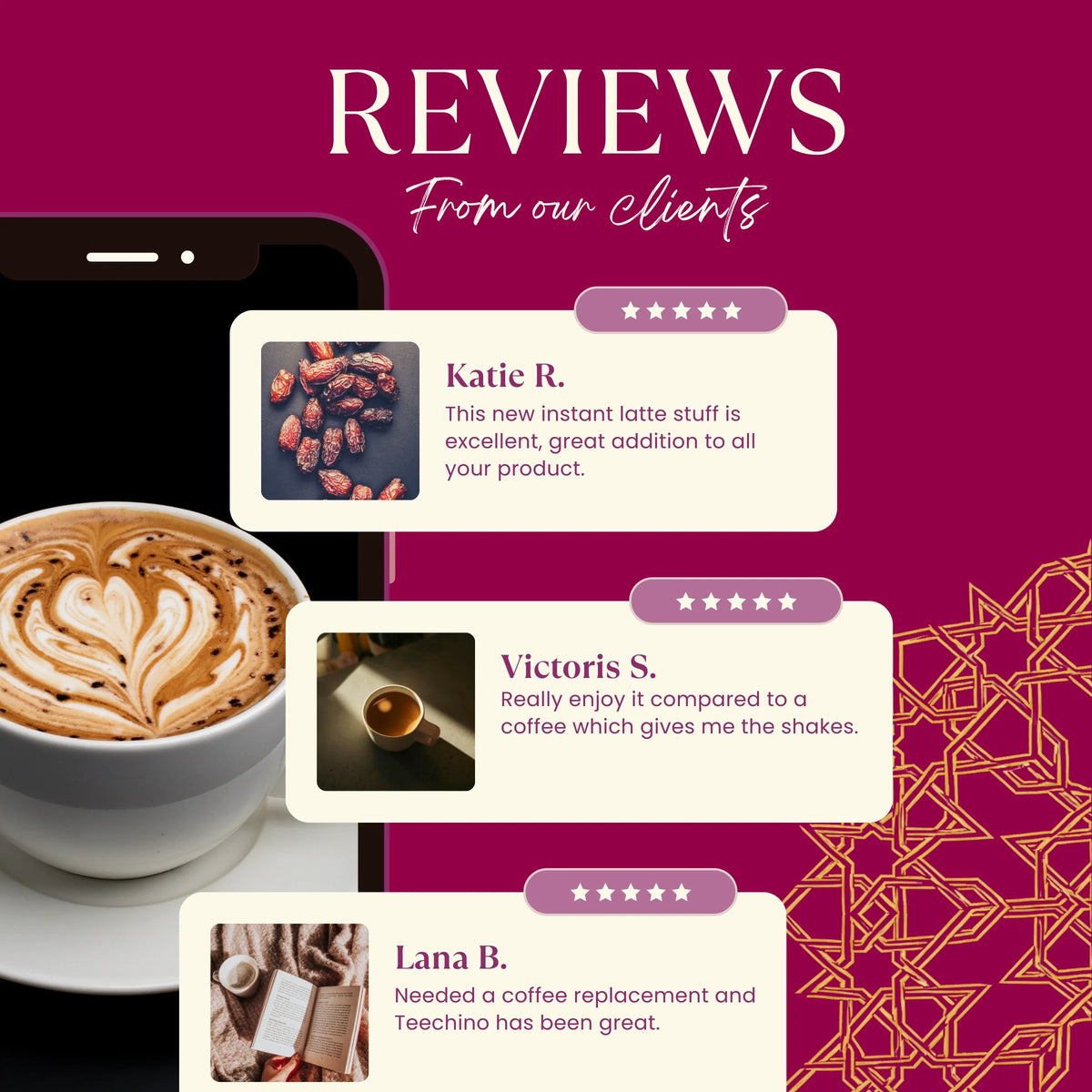 Teecino instant herbal latte reviews graphic with cup and testimonial cards