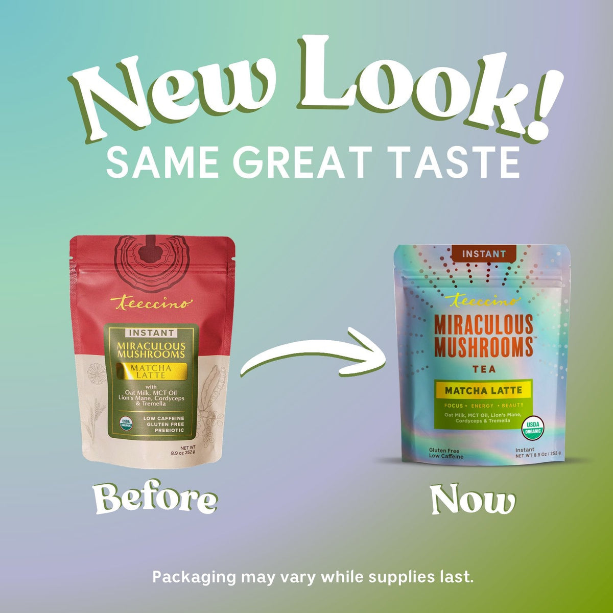 Instant matcha latte tea pouches: red 'Before' and iridescent 'Now' packs