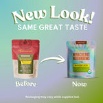 Instant matcha latte tea pouches showing red 'Before' and iridescent 'Now' packs
