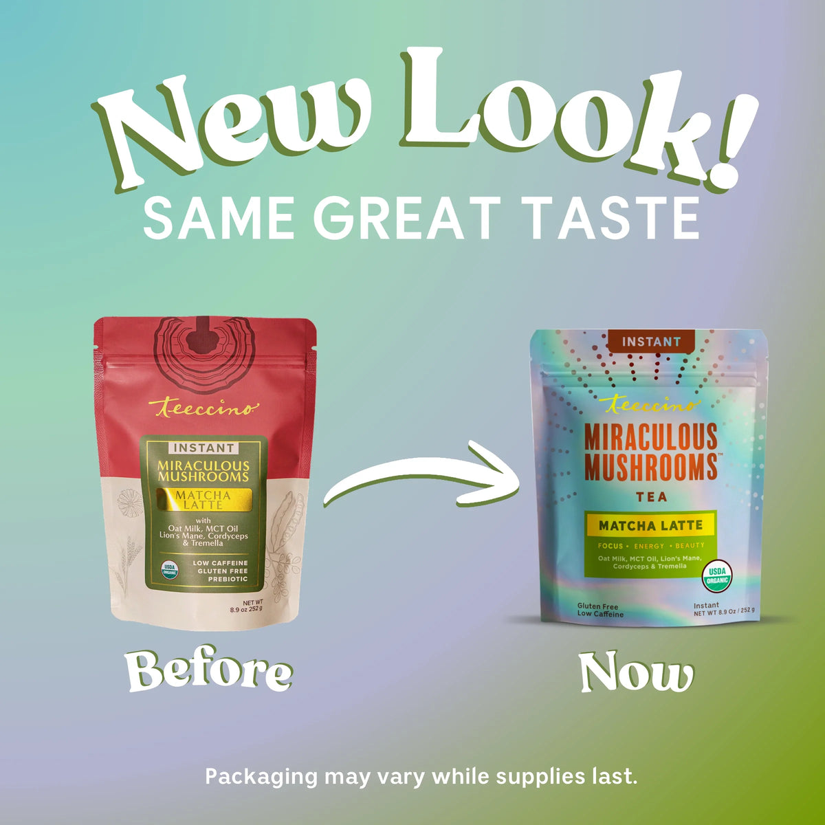 Instant matcha latte tea pouches showing red 'Before' and iridescent 'Now' packs