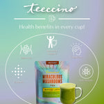 Iridescent instant matcha latte pouch with green tea cup, health benefit icons