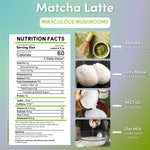 Matcha latte nutrition facts and ingredient photos for matcha, lion's mane, MCT