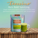 Iridescent instant matcha latte pouch with green tea cup on wooden board