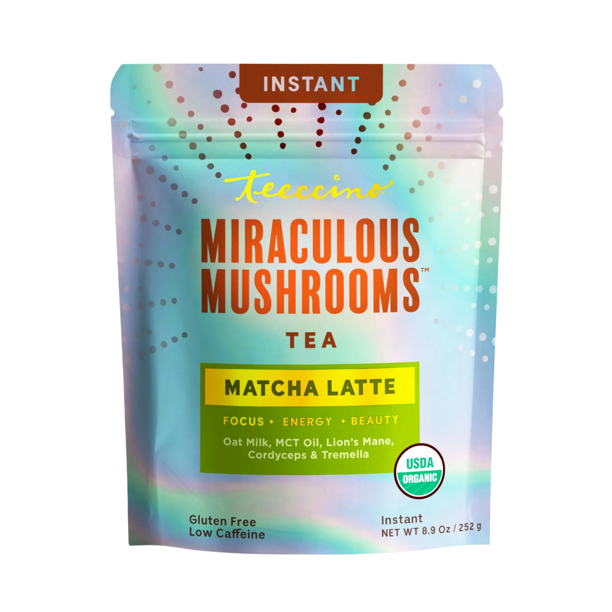 Teeccino Miraculous Mushrooms Matcha Latte tea pouch, instant label on blue-green package