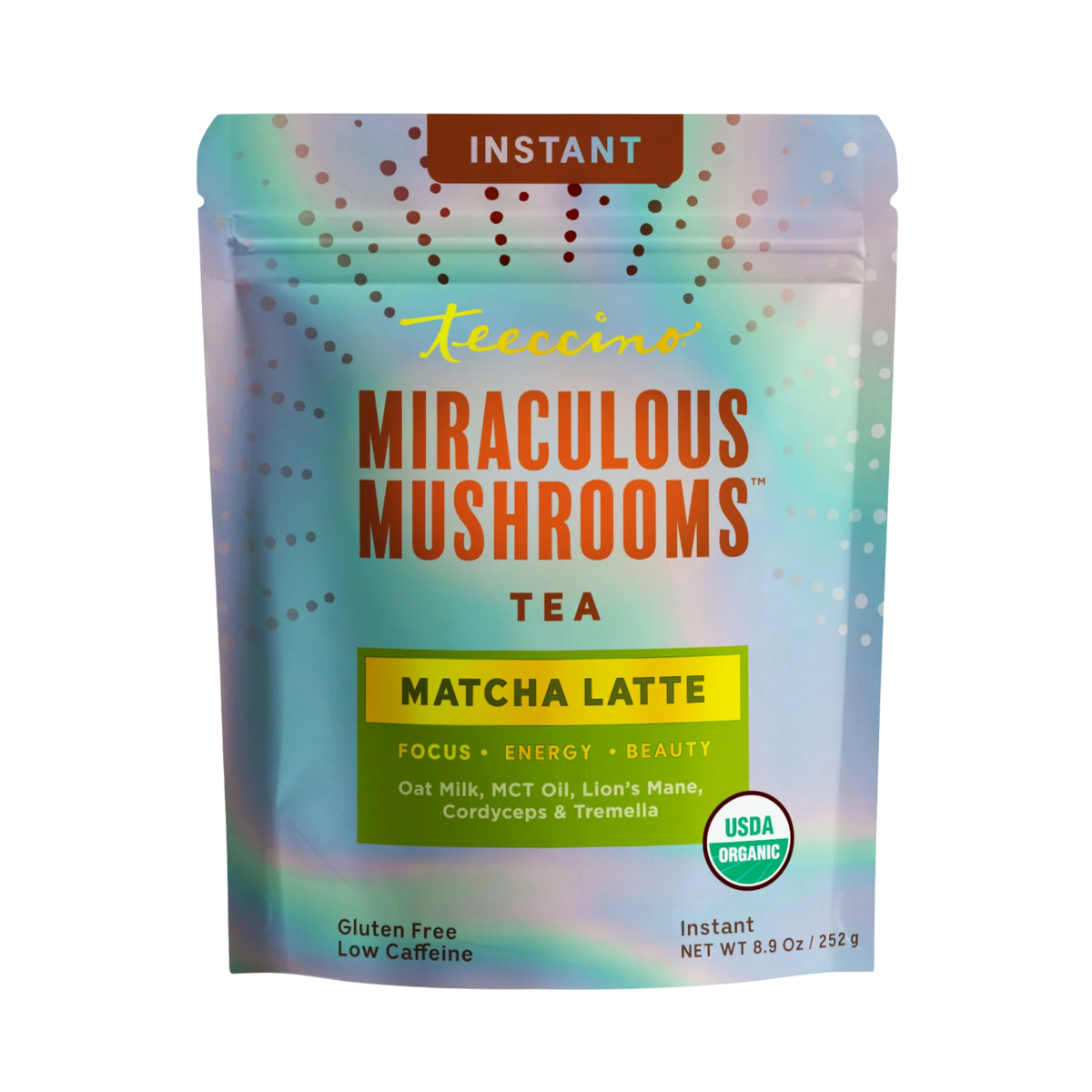 Iridescent Instant Miraculous Mushrooms Tea matcha latte pouch, front view