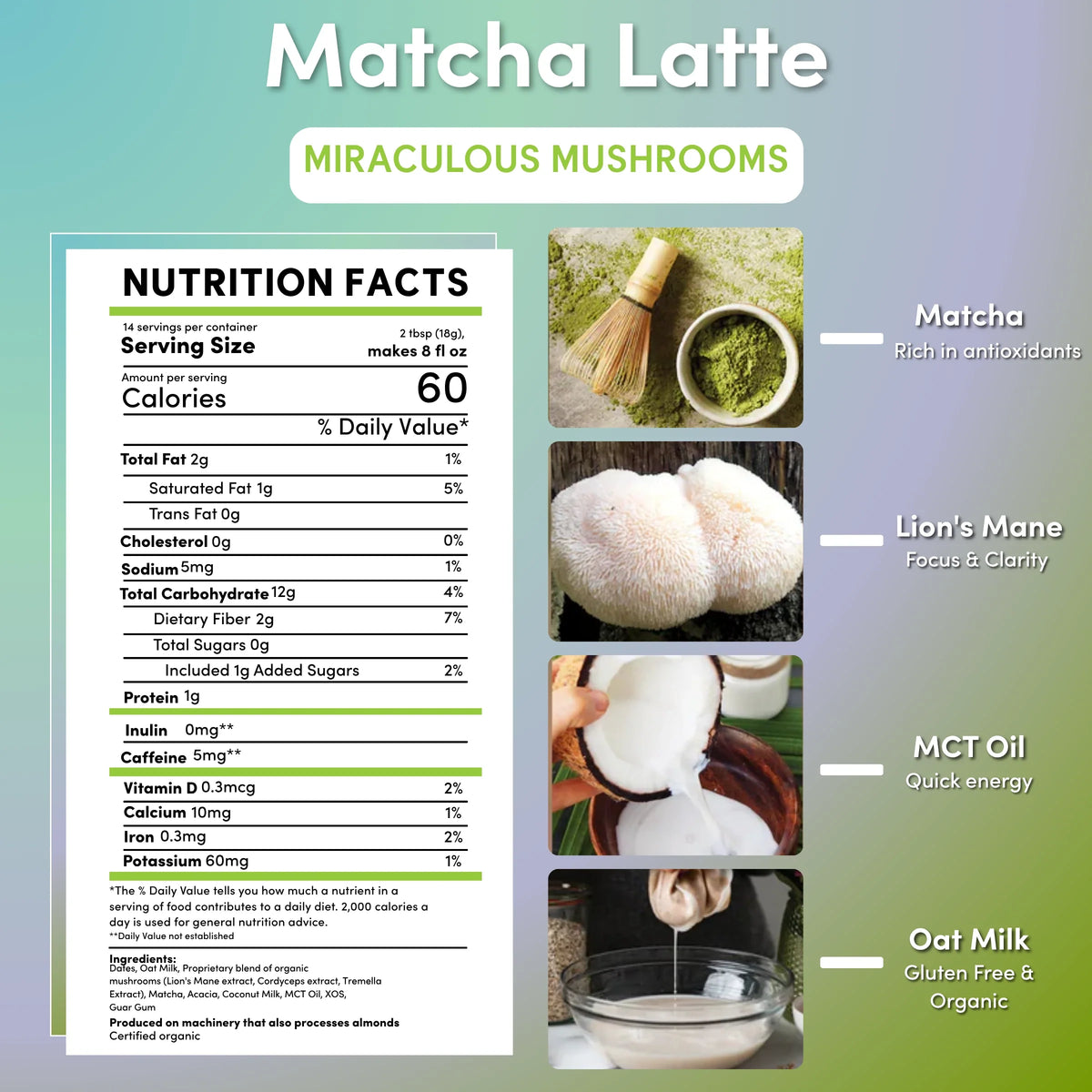Matcha latte nutrition facts panel with ingredient photos: lion's mane and oat milk