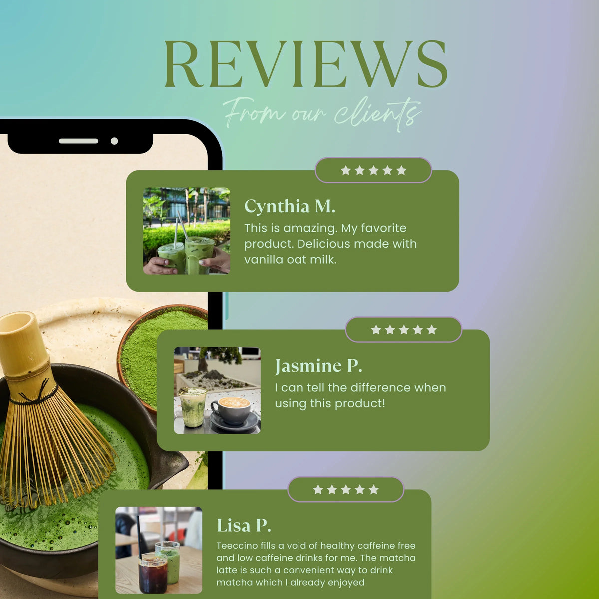 Matcha Latte tea reviews infographic with tea pouch, bowl of green powder, and cups