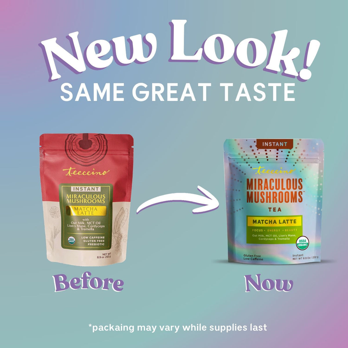Instant Matcha Latte tea pouch shown 'Now' beside 'Before' pouch in a comparison graphic