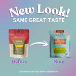 Instant Matcha Latte tea pouch shown 'Now' beside 'Before' pouch in a comparison graphic