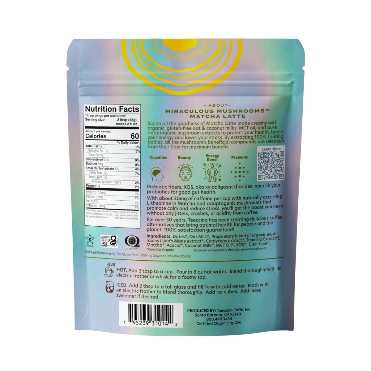 Back of Matcha Latte tea pouch with nutrition facts table and ingredient text