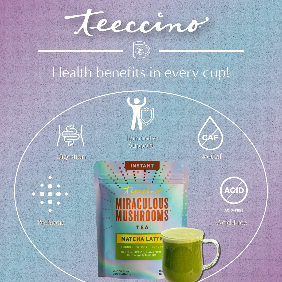 Instant Matcha Latte tea pouch with circular health-benefits icons and a green mug