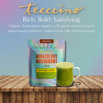 Teeccino Matcha Latte tea pouch with a cup of green matcha latte on a wood surface