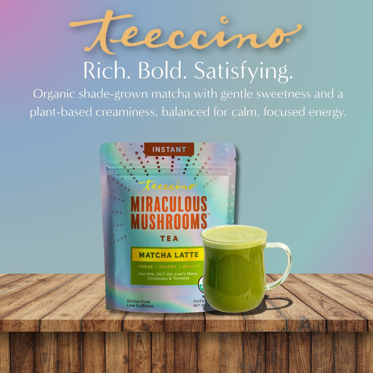 Teeccino Matcha Latte tea pouch with a cup of green matcha latte on a wood surface