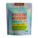 Teeccino Miraculous Mushrooms Matcha Latte tea pouch, prebiotic tea text on blue-green pack